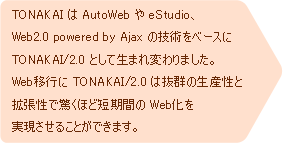 TONAKAI は AutoWeb や eStudio、Web2.0 powerd by Ajax の技術をベースにTONAKAI/2.0 として生まれ変わりました。Web移行に TONAKAI/2.0 は抜群の生産性と拡張性で驚くほど短期間の Web化を実現させることができます。